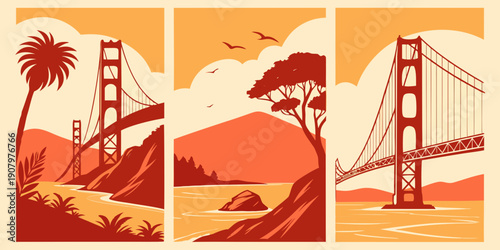 "Golden Gate Bridge Triptych Wall Art – Modern San Francisco Prints, Warm Orange Minimalist California Decor, Scenic Landscape Poster Set", U.S, USA, US, United States
