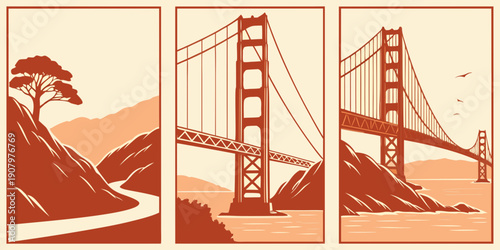 "Golden Gate Bridge Triptych Wall Art – Modern San Francisco Prints, Warm Orange Minimalist California Decor, Scenic Landscape Poster Set", U.S, USA, US, United States

