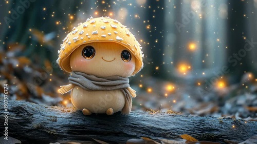 Cute autumn mushroom character glowing in enchanted forest
