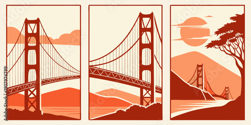 "Golden Gate Bridge Triptych Wall Art – Modern San Francisco Prints, Warm Orange Minimalist California Decor, Scenic Landscape Poster Set", U.S, USA, US, United States
