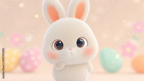 Cute kawaii bunny character with pastel Easter eggs background
