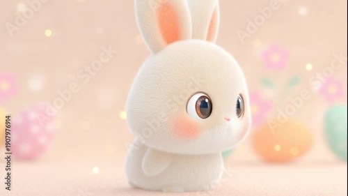 Adorable fluffy bunny toy in soft spring fantasy scene
