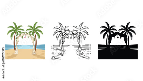 A beach wedding archway with palm trees and ocean view.