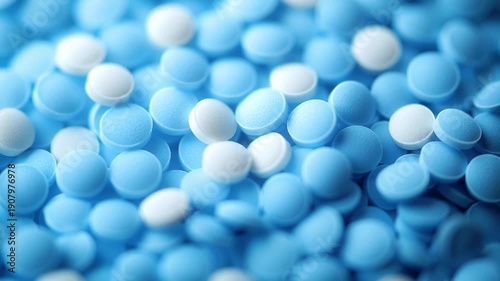 Blue and white pharmaceutical tablets macro background

