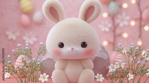 Cute kawaii bunny character with pastel Easter decorations
