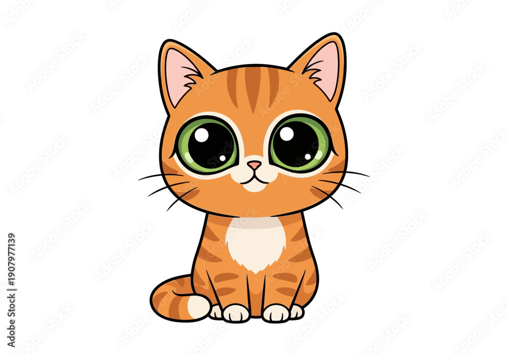 Fototapeta premium Cute cartoon orange tabby kitten with very large green eyes sitting