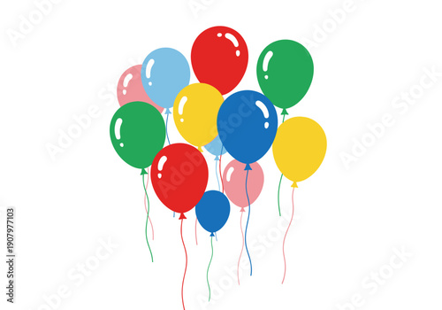 Cluster of colorful balloons with strings against a white background