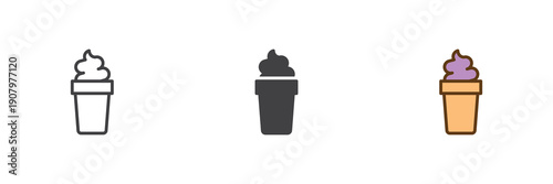 Ice cream dessert icon set in line, solid and filled outline colorful style. Ice cream icon twice shown as vector sign, symbol and color illustration for kids treat.