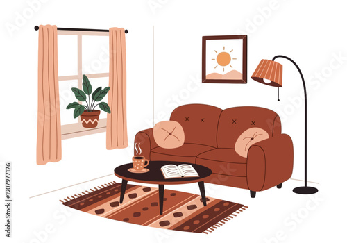 Cozy living room corner with brown couch potted plant and coffee cup