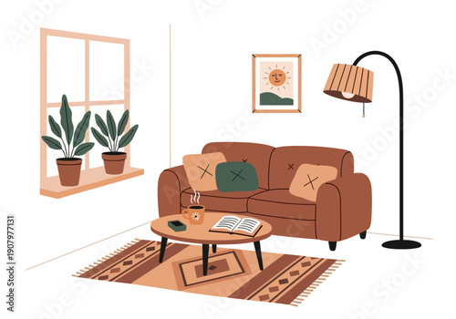 Cozy living room illustration with brown couch plants and sun art