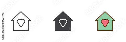 House with heart symbol icon set in line, solid and filled outline colorful style. Home icon twice used as vector sign, symbol and color illustration for family care.