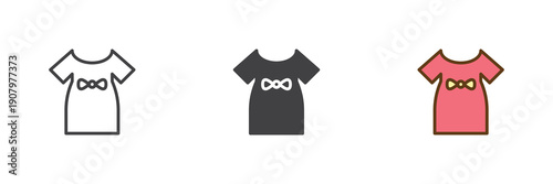 Cute baby dress clothing icon set in line, solid and filled outline colorful style. Dress icon twice used as vector sign, symbol and color illustration for kids fashion.