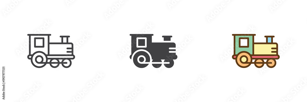 Naklejka premium Toy train icon set in line, solid and filled outline colorful style. Train icon icon shown as vector sign, symbol and color illustration for baby toys and playtime.