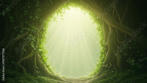 Mystical forest portal formed by vines with sunbeams
