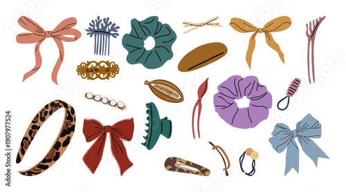 Set of flat vector illustrations of hair accessories including hairpins, clips, combs, ribbon bows, tie knots, elastic bands, hair grips, pins, and bowknots for hairdressing and girls’ decoration.