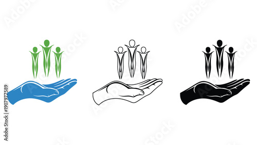 Three stylized figures stand above an open hand in three different color variations.