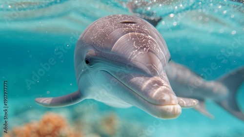 Smiling dolphin swimming gracefully in clear tropical ocean
