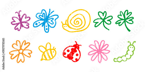 Cute kids chalk drawing doodles set. Colorful spring nature doodles drawn with chalk or wax crayons. Set of butterfly, snail, flower, bee, ladybug and caterpillar.