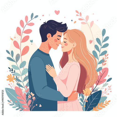 Illustration of a tender couple embracing surrounded by vibrant flowers and foliage in a serene environment