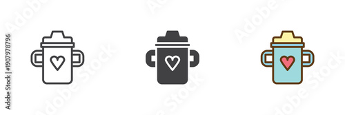 Baby sippy cup bottle icon set in line, solid and filled outline colorful style. Cup icon icon used as vector sign, symbol and color illustration for feeding.