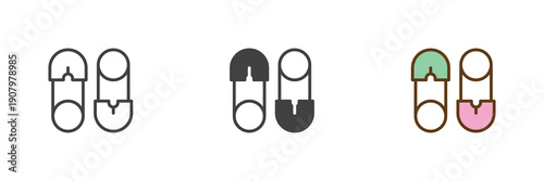 Baby safety pin fastener icon set in line, solid and filled outline colorful style. Pin icon icon used as vector sign, symbol and color illustration for baby care.