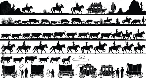Wild West cowboy silhouette vector set featuring horses cattle stagecoach wagons desert landscape scenes isolated on white background for western illustration design projects