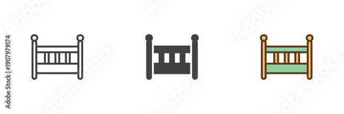Baby crib bed icon set in line, solid and filled outline colorful style. Crib icon icon used as vector sign, symbol and color illustration for nursery furniture.