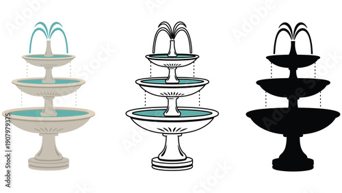 A tiered fountain is shown in three different styles.