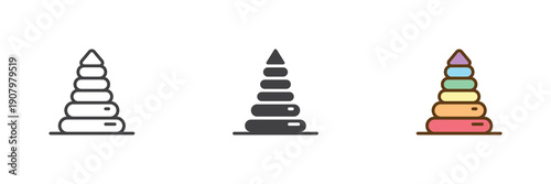 Stacking toy pyramid icon set in line, solid and filled outline colorful style. Pyramid icon icon shown as vector sign, symbol and color illustration for learning.