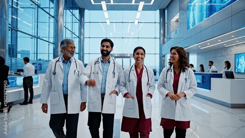 Indian doctors walking. medical team portrait. modern hospital staff. confident professionals smiling. diverse healthcare workers.