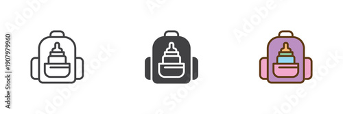 Baby backpack bag icon set in line, solid and filled outline colorful style. Bag icon icon shown as vector sign, symbol and color illustration for kids accessories.