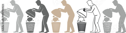 people throwing trash into wastebaskets in various styles