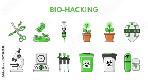 A graphic display illustrating various concepts associated with BIOHACKING using icons