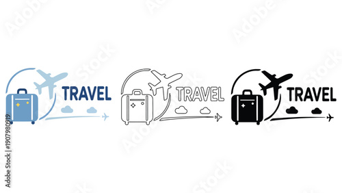 Travel icons with suitcase and airplane in three styles.