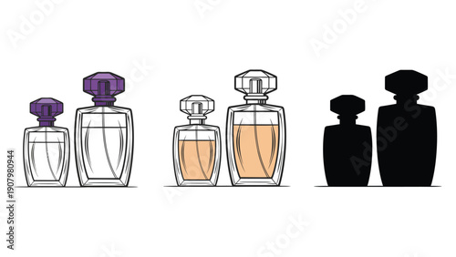Three different representations of perfume bottles are shown.