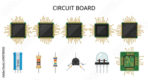 Illustration of various electronic components including integrated circuits a capacitor resistors a transistor an LED and a small circuit board