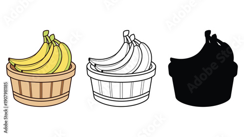 Three different depictions of bananas in a wooden basket: colored, outline, and silhouette.