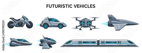 Seven futuristic vehicles including a motorcycle car drone spacecraft hovercraft and highspeed train