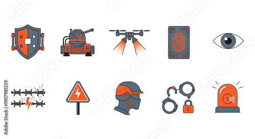 Ten distinct security and defense icons arranged in two rows of five
