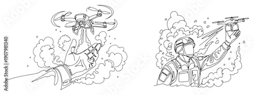 soldier launching a small reconnaissance drone from hand amidst smoke