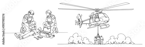 Medics providing emergency first aid and helicopter rescue evacuation mission in continuous line art