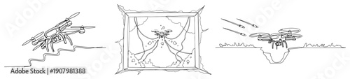 combat fpv drones flying and dropping bombs in continuous line art