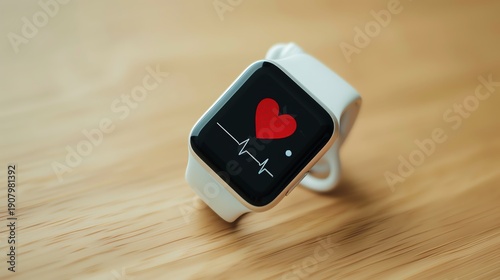 Modern smartwatch displaying heart rate and heartbeat icon, symbolizing health tracking, wearable technology, and digital fitness monitoring.