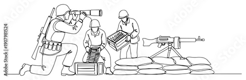 Continuous line drawing of soldiers at a defensive position with machine gun and ammo