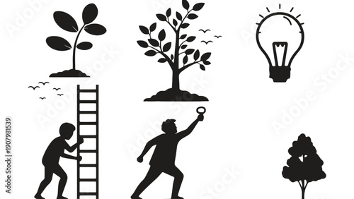 Silhouettes of growth, ideas, and progress are depicted.