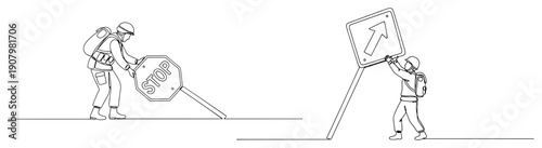 Continuous line art showing soldiers managing traffic with stop and directional road signs