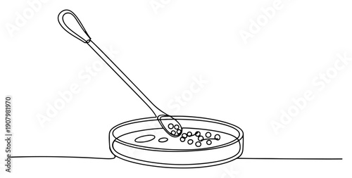 Minimalist continuous line drawing of a petri dish being sampled with a laboratory tool