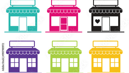 A collection of six colorful storefront illustrations on a white background.