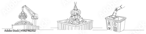 waste management process showing recycling crane and sorting bins in continuous line