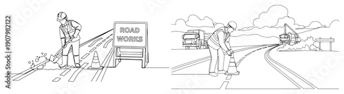 road construction workers repairing asphalt street with safety signs and machinery